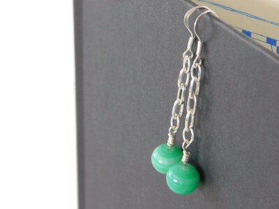 Green Glass Bead Pendulum Earrings Sterling Silver Chain and Earwires - image1